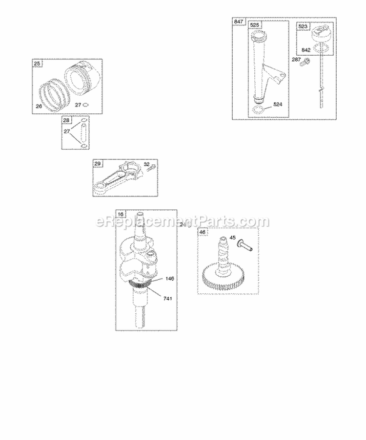 Camshaft Crankshaft Lubrication Piston Rings Connecting Rod Diagram and Parts List for 44H777-0113-E1  Briggs and Stratton Engine